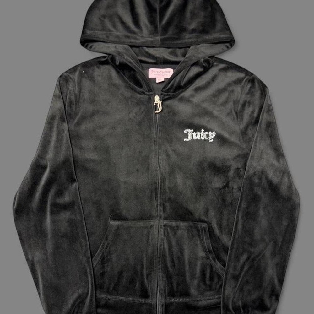Vintage Juicy Couture Black Velour Y2K Tracksuit Hoodie Rhinestone Logo Womens M